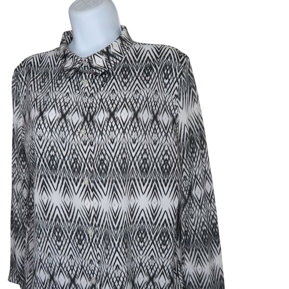 H&M Womens XS Black White Geometric Print Button-Up Blouse Long Sleeve - Picture 3 of 10